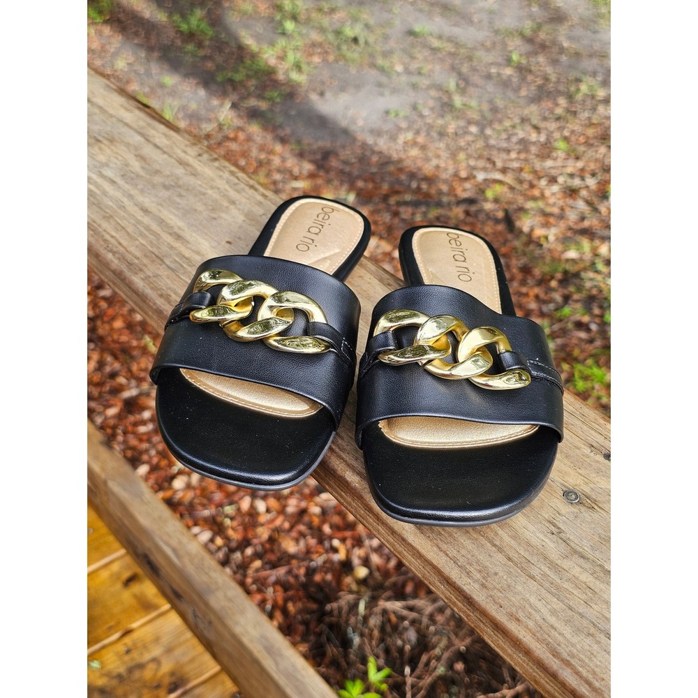 Beira Rio Womens Black Gold Chain Slide Flat Slip On Sandals Size 10 Brazil